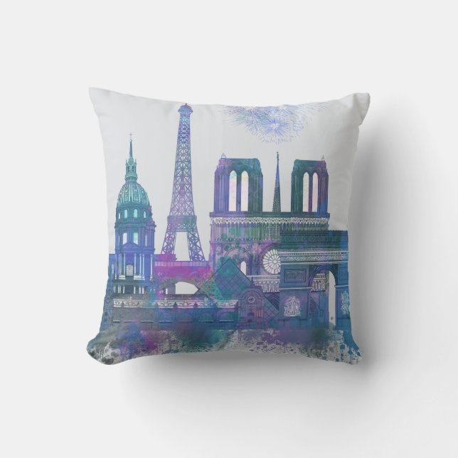 Paris Skyline - Waterverf Blue Kussen (Voorkant)