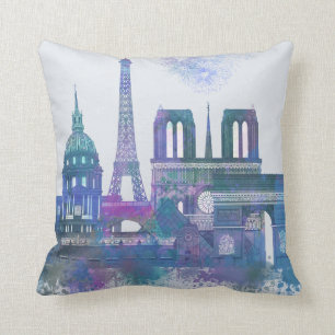 Paris Skyline - Waterverf Blue Kussen