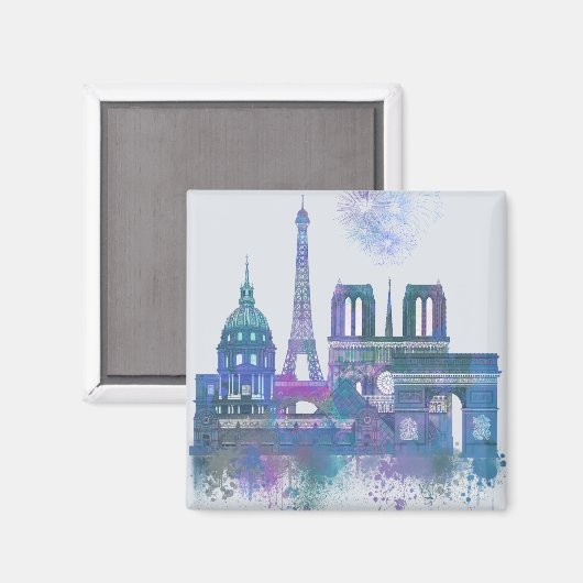 Paris Skyline - Waterverf Blue Magneet (Voorkant / Achterkant)