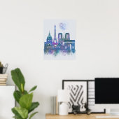 Paris Skyline - Waterverf Blue Poster (Thuiskantoor)