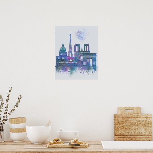 Paris Skyline - Waterverf Blue Poster (Keuken)