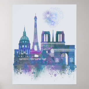 Paris Skyline - Waterverf Blue Poster