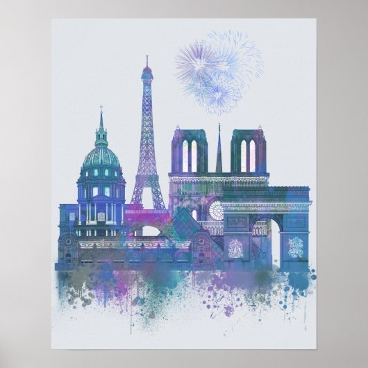 Paris Skyline - Waterverf Blue Poster (Voorkant)