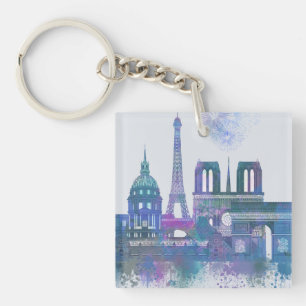 Paris Skyline - Waterverf Blue Sleutelhanger