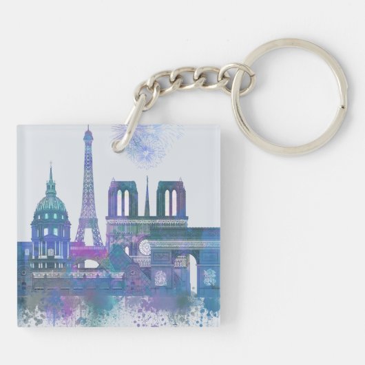 Paris Skyline - Waterverf Blue Sleutelhanger (Achterkant)