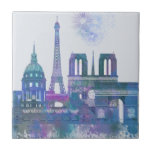 Paris Skyline - Waterverf Blue Tegeltje<br><div class="desc">Paris Skyline Waterverf Splash Blue van Fab Funky. Kenmerkt beroemde mijlpalen van Parijs in een waterverf stijl.</div>