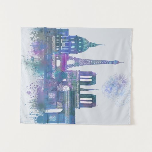Paris Skyline - Waterverf Blue Wandkleed (Voorkant (horizontaal))
