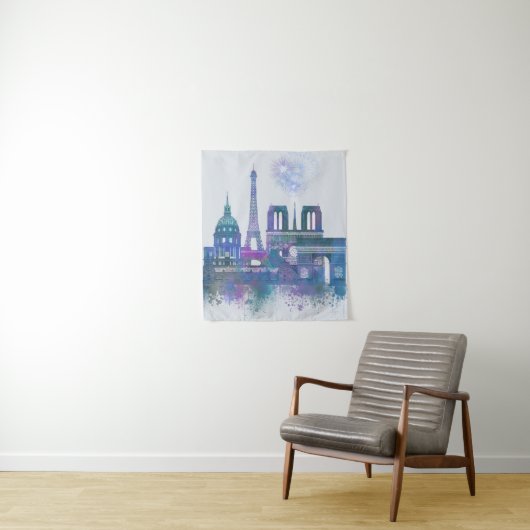 Paris Skyline - Waterverf Blue Wandkleed (In situ)