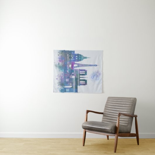 Paris Skyline - Waterverf Blue Wandkleed (In Situ (horizontaal))