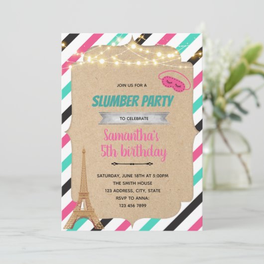Paris slumber party-uitnodiging kaart (Staand voorkant)