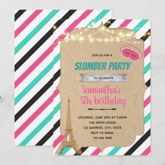 Paris slumber party-uitnodiging kaart (Voorkant / Achterkant)