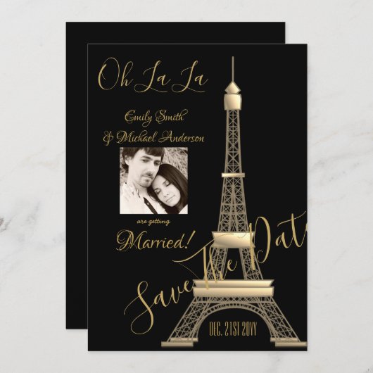 PARIS sparen de Datum - voeg FOTO toe - ZWARTE GOL Save The Date (Voorkant / Achterkant)