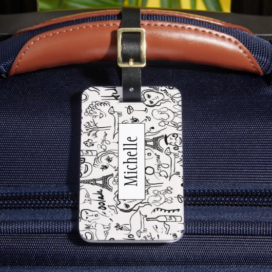 Paris Street Scene Black & White Line Drawing Bagagelabel (Voorkant Insitu 2)