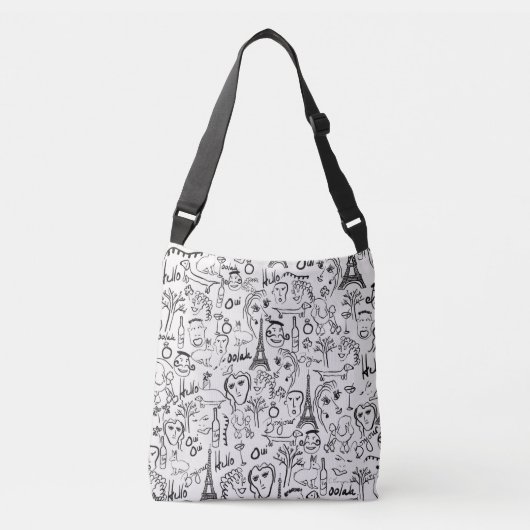 Paris Street Scene Black & White Line Drawing Crossbody Tas (Voorkant)