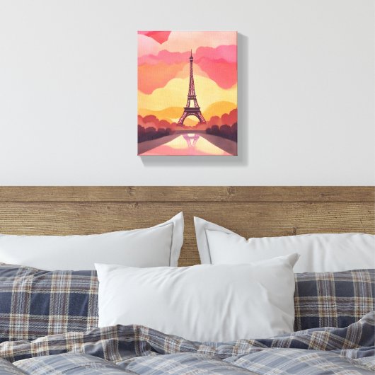 Paris Sunset | Eiffeltoren Frankrijk Waterverf Canvas Afdruk (Insitu (Slaapkamer))