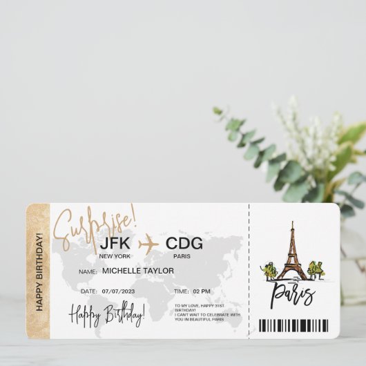 Paris Surprise Birthday boarding Pass Ticket Kaart (Staand voorkant)