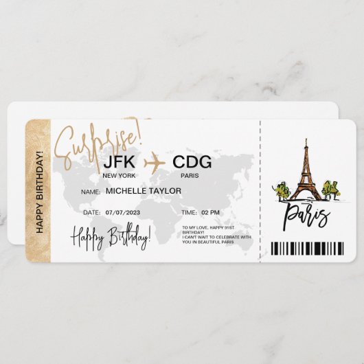 Paris Surprise Birthday boarding Pass Ticket Kaart (Voorkant / Achterkant)