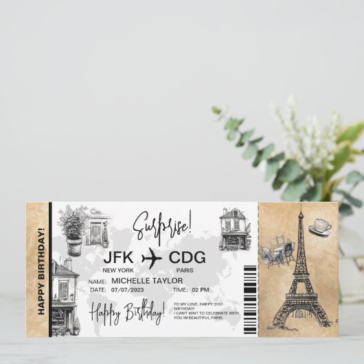 Paris Surprise Birthday boarding Pass Ticket Kaart (Staand voorkant)