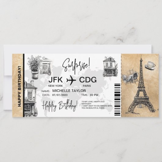 Paris Surprise Birthday boarding Pass Ticket Kaart (Voorkant)