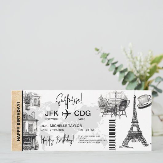 Paris Surprise Birthday boarding Pass Ticket Kaart (Staand voorkant)