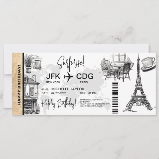 Paris Surprise Birthday boarding Pass Ticket Kaart (Voorkant)