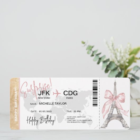 Paris Surprise Birthday boarding Pass Ticket Kaart (Staand voorkant)
