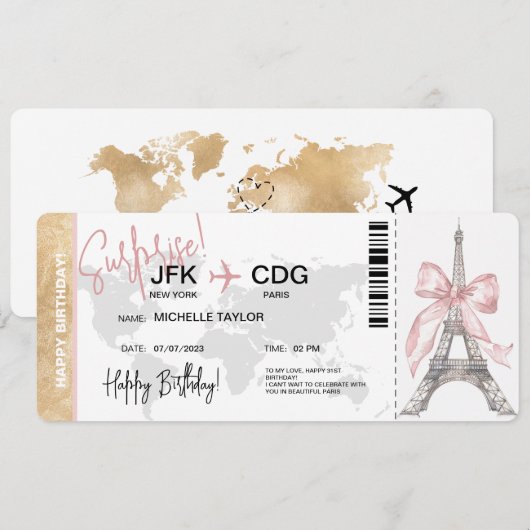 Paris Surprise Birthday boarding Pass Ticket Kaart (Voorkant / Achterkant)