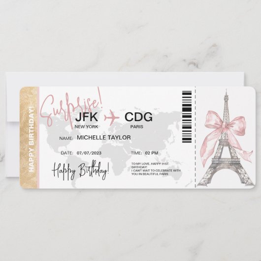 Paris Surprise Birthday boarding Pass Ticket Kaart (Voorkant)