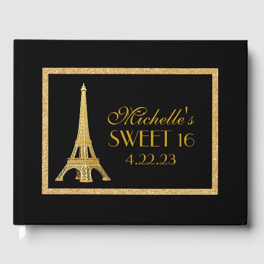 Paris Sweet 16 Gold Glitter Aangepast gastenboek (Voorkant)