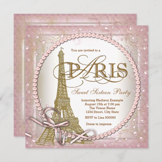 Paris Sweet 16 Party Roze en Gouden Parel Kaart (Voorkant / Achterkant)