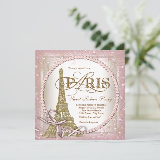 Paris Sweet 16 Party Roze en Gouden Parel Kaart (Staand voorkant)