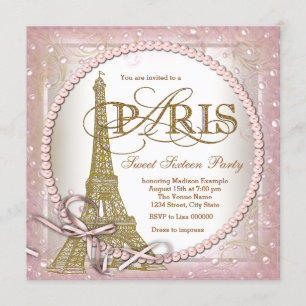 Paris Sweet 16 Party Roze en Gouden Parel Kaart