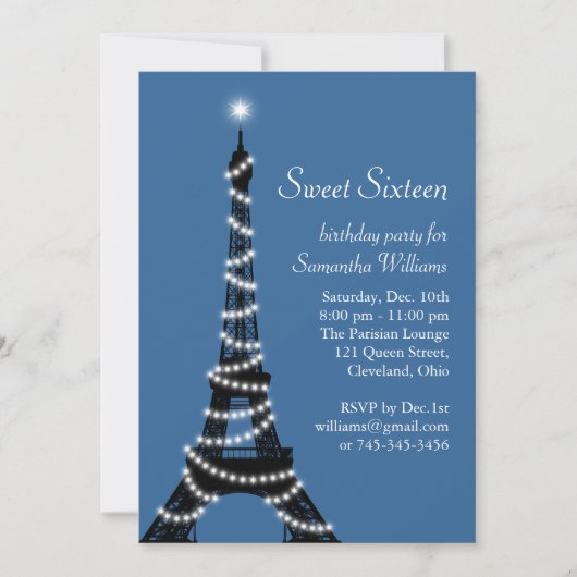 Paris Sweet 16 uitnodiging in blauw (Voorkant)