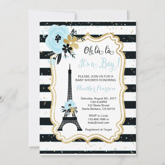 Paris Theme Baby shower Invitation - Blauw Kaart (Voorkant)