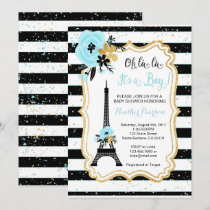 Paris Theme Baby shower Invitation - Blauw Kaart