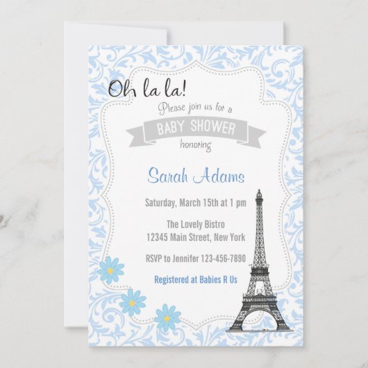 Paris Theme Baby shower Invitation Blue Kaart (Voorkant)