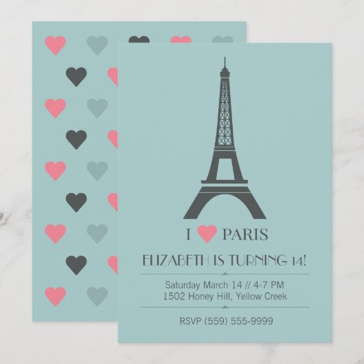 Paris Theme Birthday Uitnodiging (Voorkant / Achterkant)
