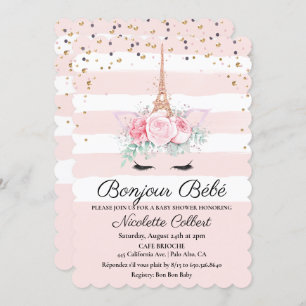 Paris Theme Eenhoorn Bloemen Baby shower Uitnodigi Kaart