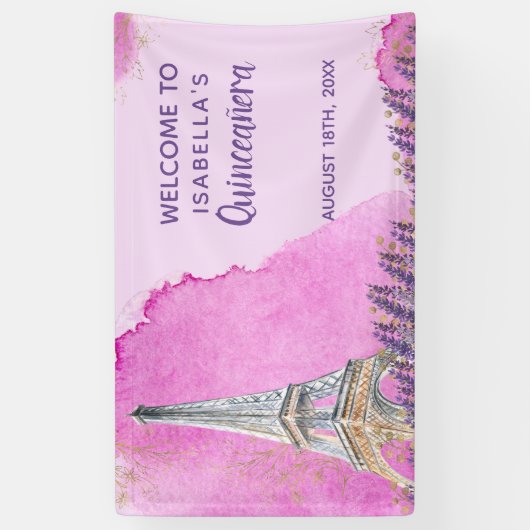 Paris Theme Eiffel Tower Pink Quinceanera Welkom Spandoek (Verticaal)