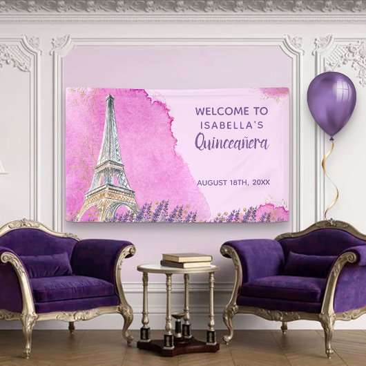 Paris Theme Eiffel Tower Pink Quinceanera Welkom Spandoek