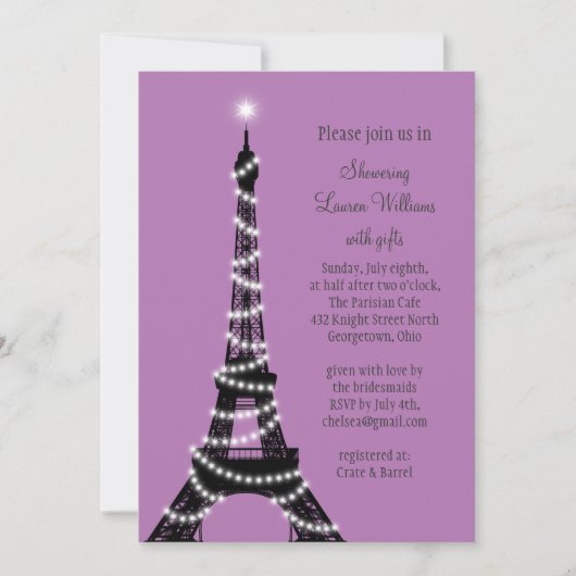 Paris Twinkles Bridal Shower Invitation (paars) Kaart (Voorkant)