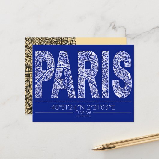 Paris Typography Map Postcard Modern Travel Design Briefkaart (Voorkant / Achterkant in situ)