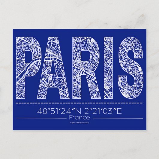 Paris Typography Map Postcard Modern Travel Design Briefkaart (Voorkant)