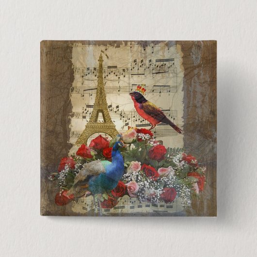 Paris & vogelmuziek bladcollage Vierkante Button 5,1 Cm (Voorkant)