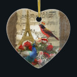 Paris & vogels muziekblad collage Keramisch Ornament<br><div class="desc">Chique elegante verfijnde digitale collage van de Eiffeltoren, Paris, Frankrijk, met pauw en schattige vogel met kroon, en een vrouwelijk meisjesbloemige rozenboeket op een verontruste bruine antiek achtergrond.</div>