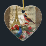 Paris & vogels muziekblad collage Keramisch Ornament<br><div class="desc">Chique elegante verfijnde  digitale collage van de Eiffeltoren,  Paris,  Frankrijk,  met pauw en schattige vogel met kroon,  en een  vrouwelijk meisjesbloemige rozenboeket op een verontruste bruine antiek achtergrond.</div>