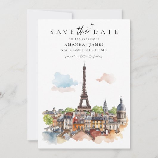 Paris Watercolor Skyline Save the Date Kaart (Voorkant)