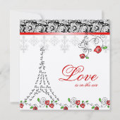 Paris Wedding Invite Red Roses Silver Black White Kaart (Voorkant)