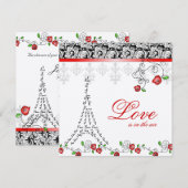 Paris Wedding Invite Red Roses Silver Black White Kaart (Voorkant / Achterkant)