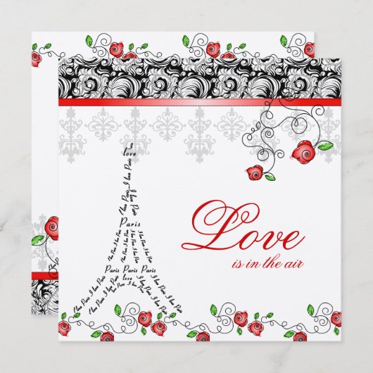 Paris Wedding Invite Red Roses Silver Black White Kaart (Voorkant / Achterkant)